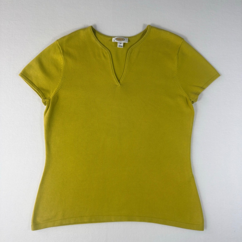 Talbots Womens Chartreuse Yellow Split Neck Short Sleeve Knit Top Size M